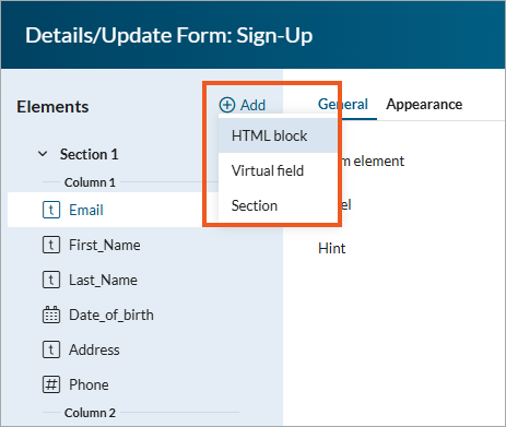 Screenshot showing how to add elements to DataParts.
