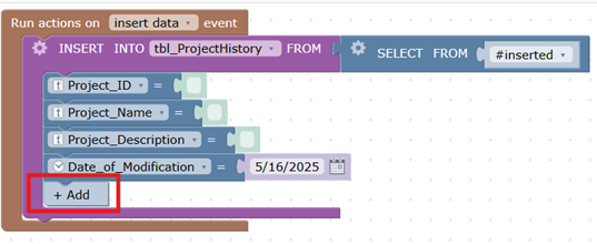 Screenshot showing the Add button in triggered actions.