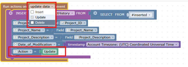 Screenshot showing Run actions on dropdown list in triggers.