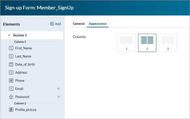 Screenshot showing section column configuration options.