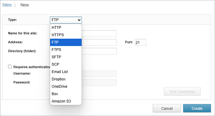 Screenshot showing a dropdown list with file types.