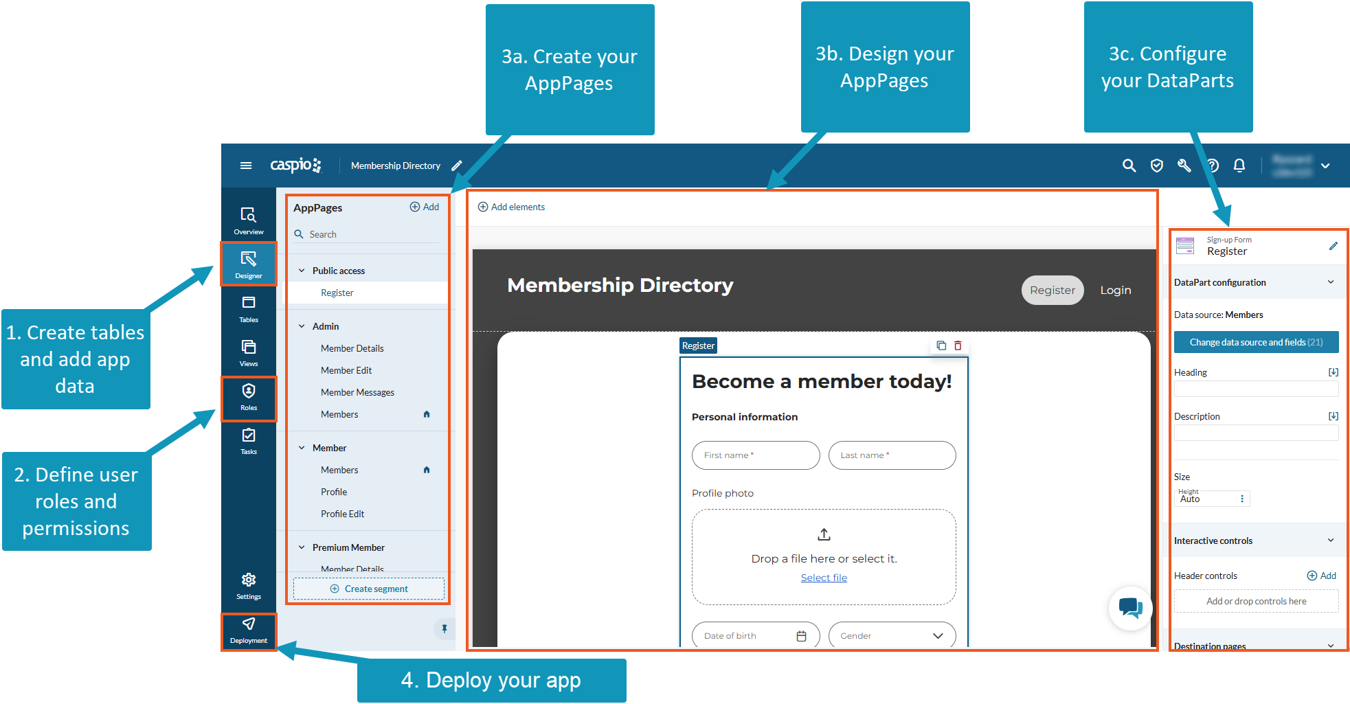 A screenshot of Flex Designer UI with callouts.