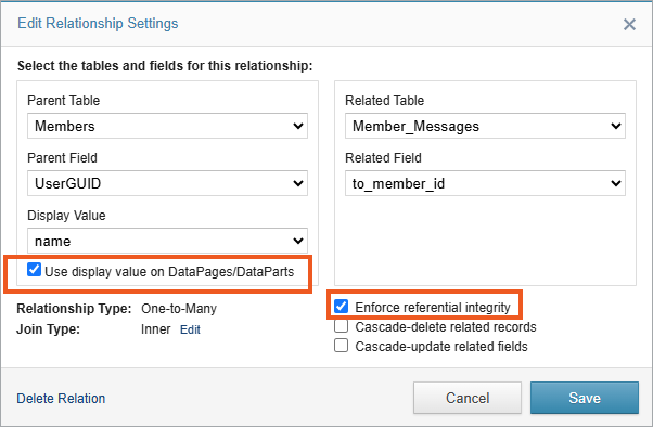 Screenshot of the Relationship settings modal.