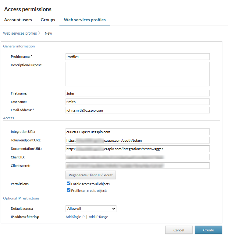 Screenshot showing web services profile window
