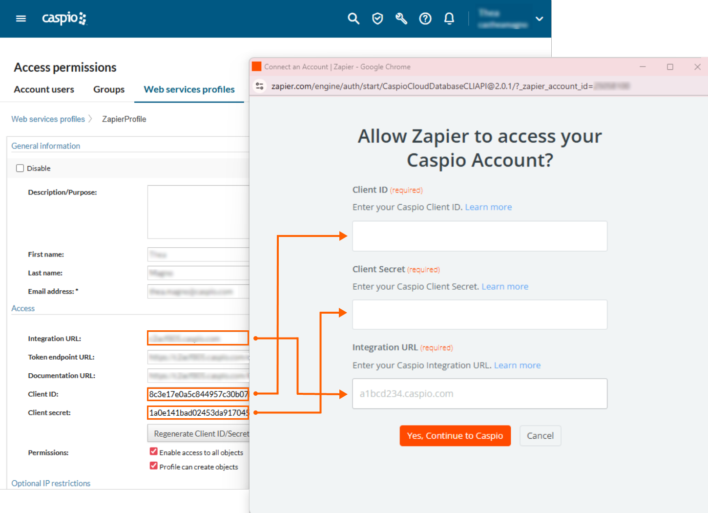 Screenshot showing connection data in Zapier.