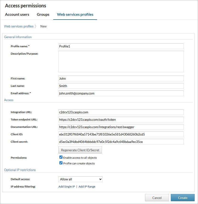 API profile configuration screen.