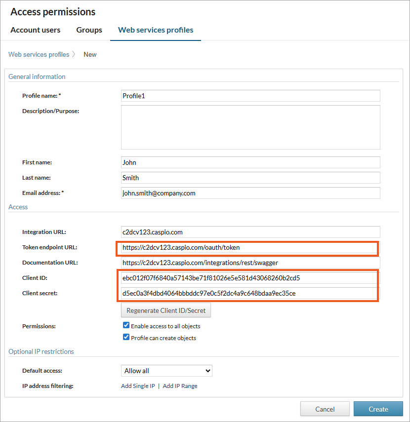 API profile configuration screen with fields required for authentication marked.