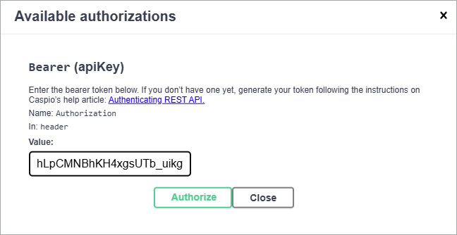 Screenshot of authentication to REST API using bearer token