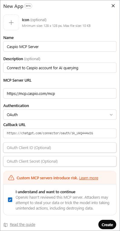 ChatGPT screenshot of the create app interface.