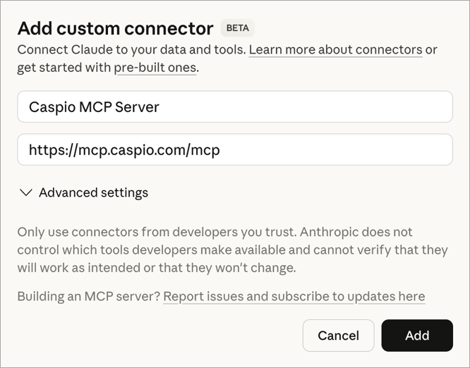 Claude screenshot of UI for adding custom connector.