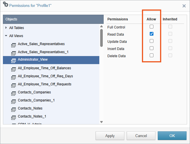 Screenshot displaying the permissions window of a web services profile.