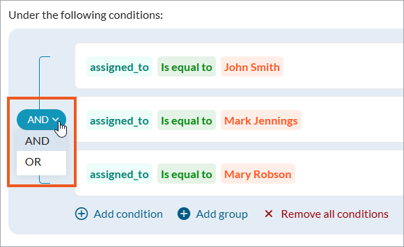 Screenshot of conditional logic interface showing the AND OR operators.