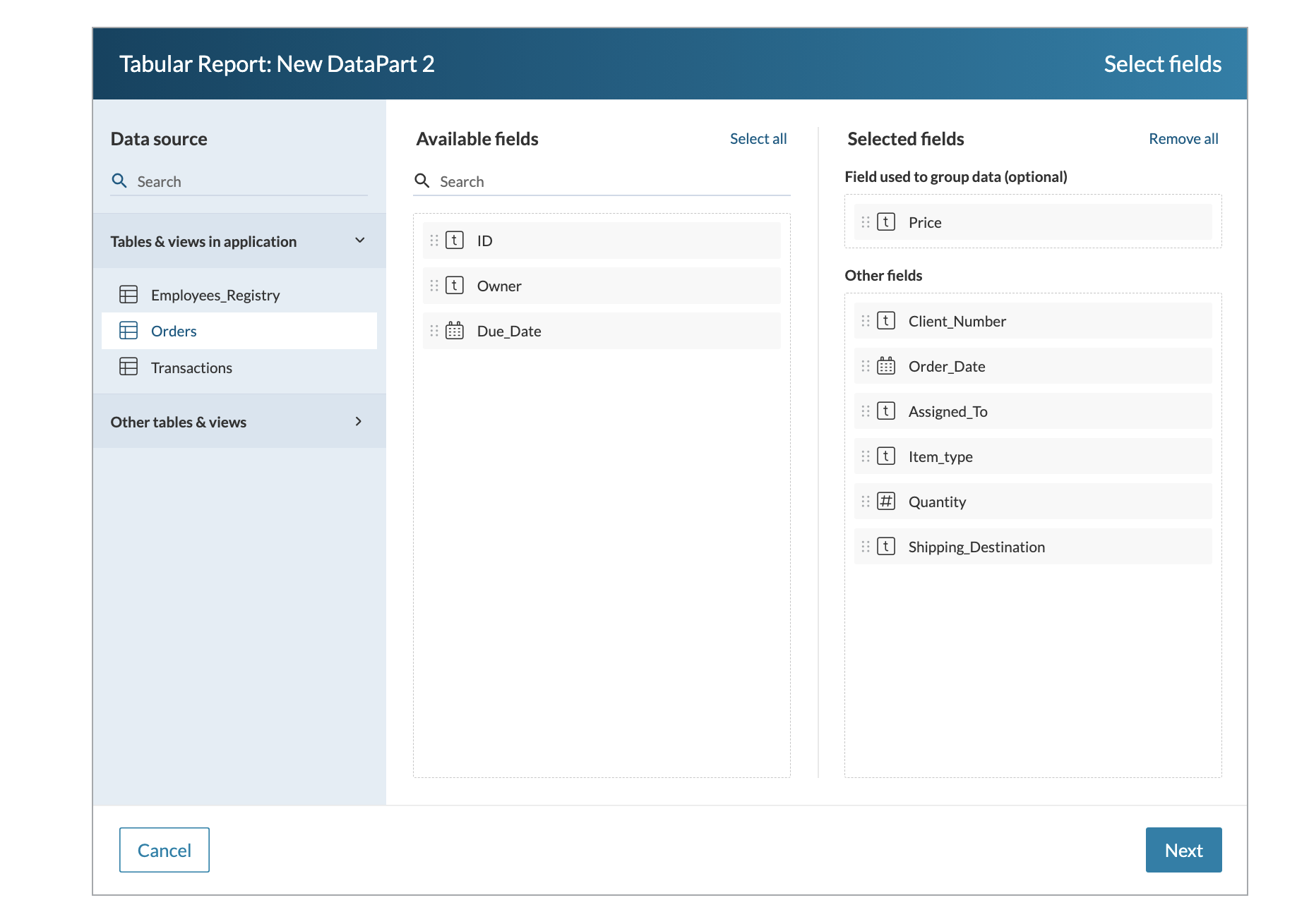 Sample UI of Tabular Report creation.