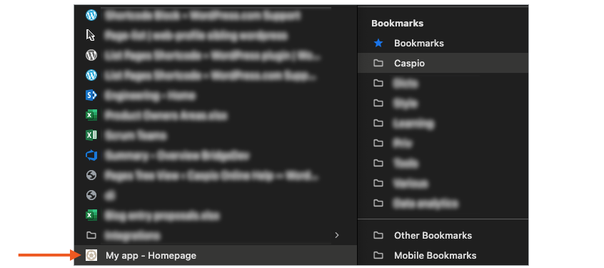 A browser bookmarks panel showing a custom app with a sample favicon.