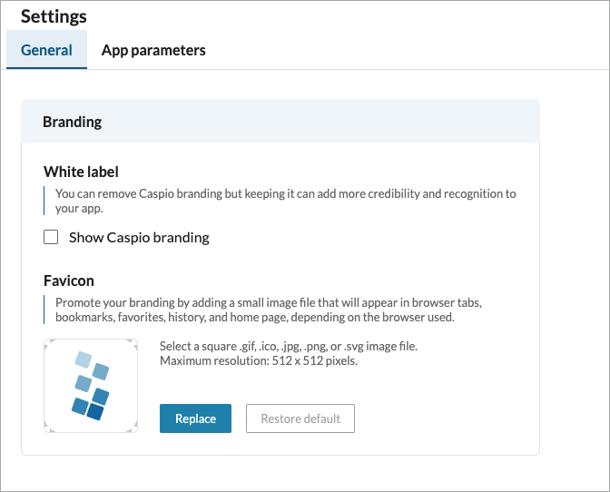 The General tab of the Settings view that shows controls for configuring branding options.