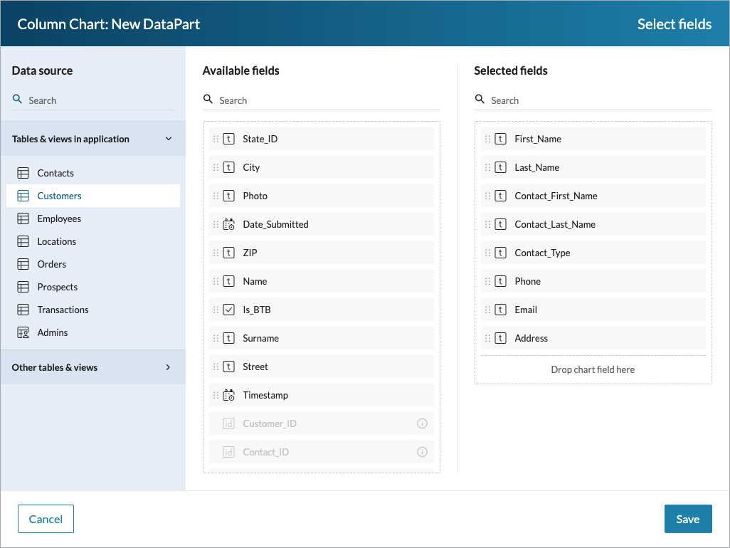 Sample view showing the available tables and views as well as the fields to add to a column chart