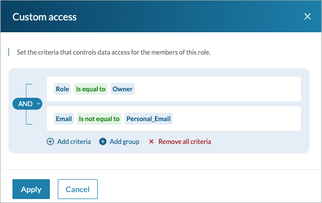 Sample list of conditions that limit access to data in a specific table.
