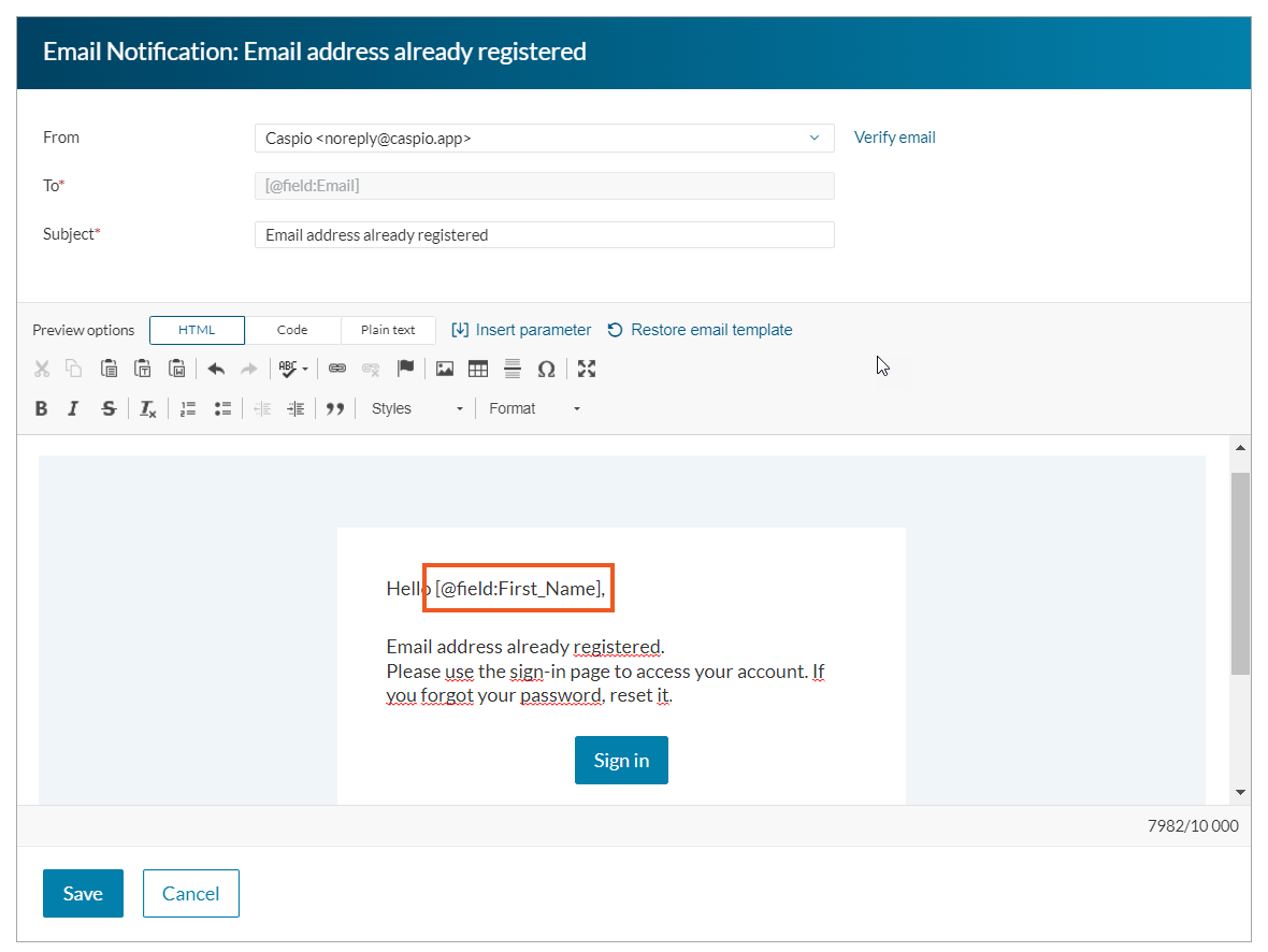 Sample use of a parameter in an email notification