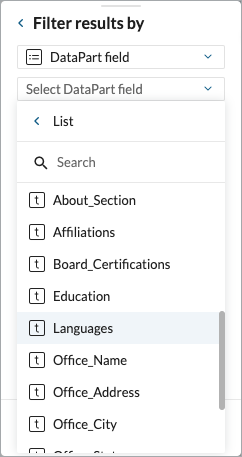 A panel showing a list of fields that you can use as the filtering criteria.
