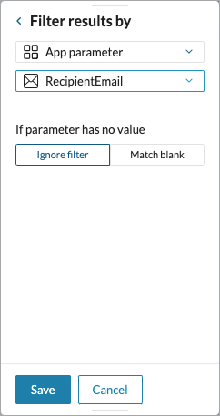 The Filter results by panel showing controls for selecting an app parameter and choosing an action for scenarios in which a parameter has no value.