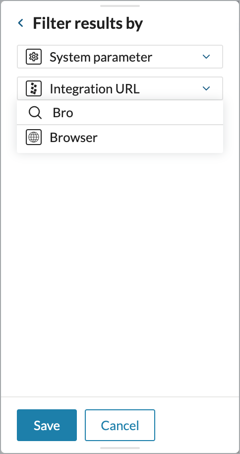 The Filter results by panel showing controls for selecting a system parameter for filtering.