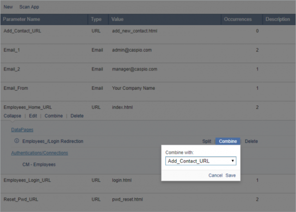 A sample list of app parameters showing the Combine with option.