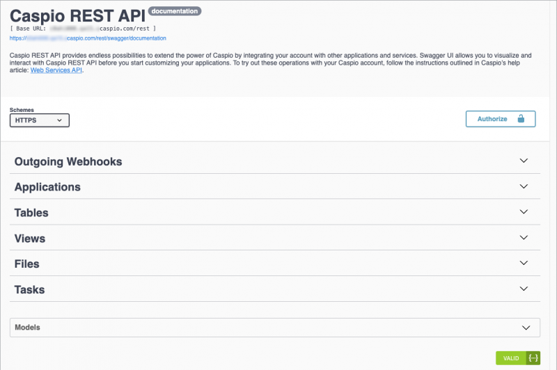 Sample view of the Swagger UI documentation for Caspio REST API.
